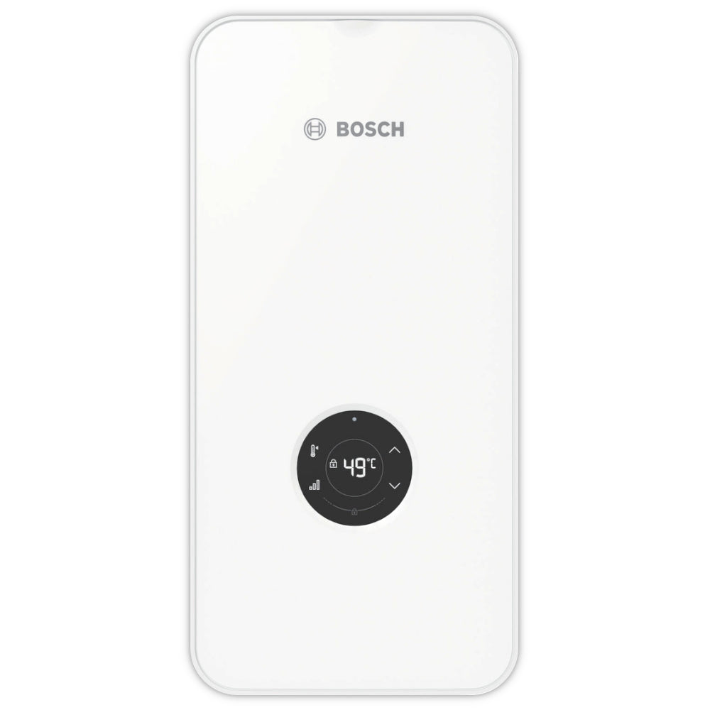 BOSCH weisser Durchlauferhitzer TR7001 15/18/21 DESOB Frontalansicht mit LED-Display | Klimaworld.com
