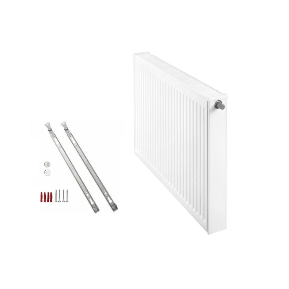 Profilierter Ventilkompaktheizkoerper Logatrend in Weiss mit integriertem Ventil rechts, Montagematerial bis 1600 mm und Stopfen | klimaworld.com