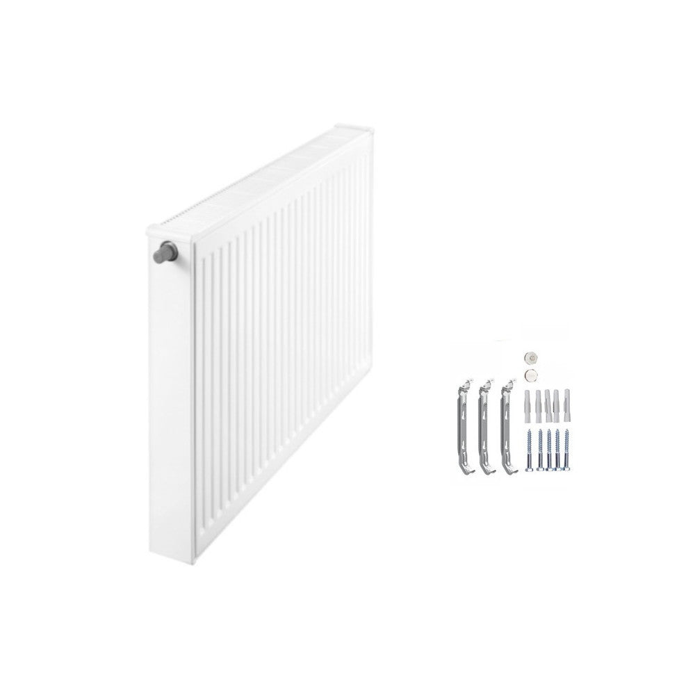 Profilierter Ventilkompaktheizkoerper Logatrend in Weiss mit integriertem Ventil links, Montagematerial ab 1600 mm und Stopfen | klimaworld.com
