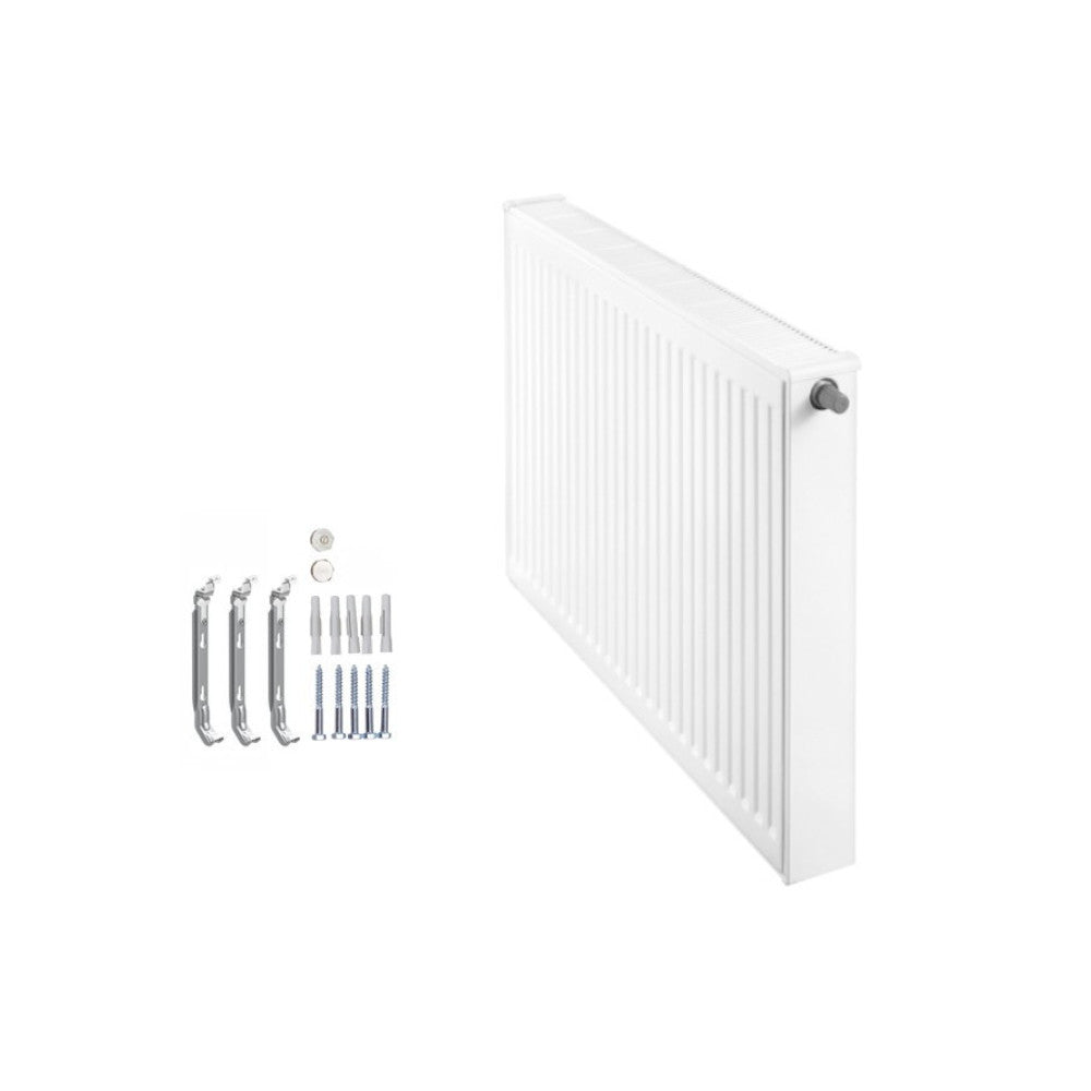 Profilierter Ventilkompaktheizkoerper Logatrend in Weiss mit integriertem Ventil rechts, Montagematerial ab 1600 mm und Stopfen | klimaworld.com