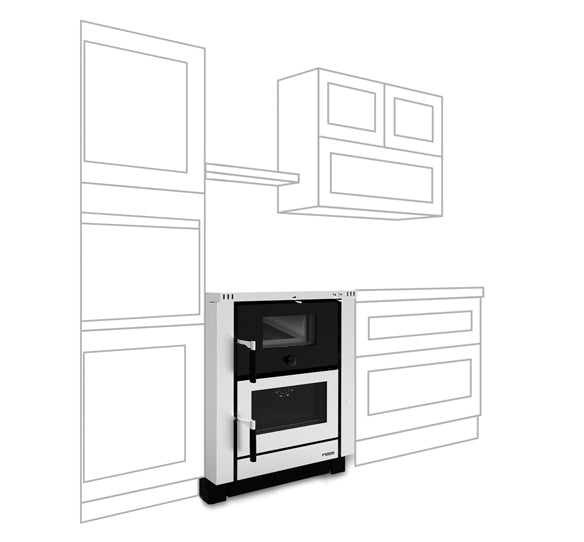 La Nordica Kuechenofen Vicenza Evo freistehend vor skizzierten Kuechenmoebeln mit schwarzer Feuer- und Backofentuer | Klimaworld.com
