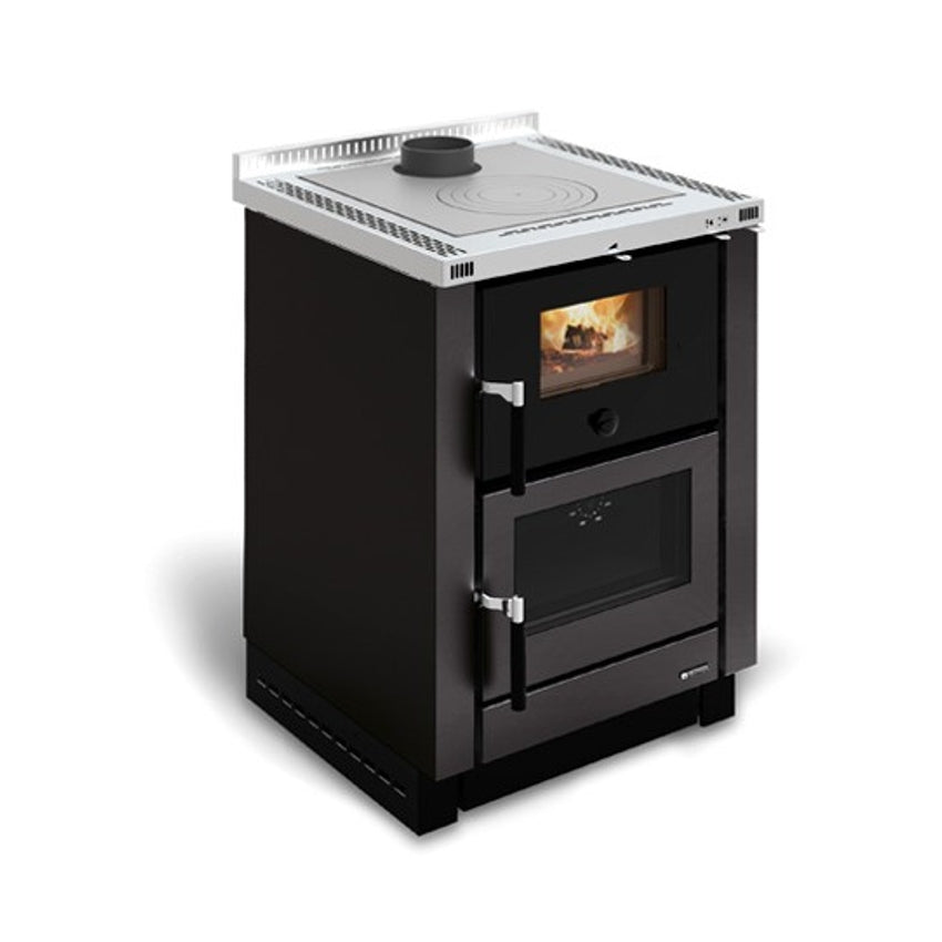 La Nordica Kuechenofen Vicenza Evo in Schwarz mit brennendem Feuer hinter Glas und grossem unteren Backfach | Klimaworld.com