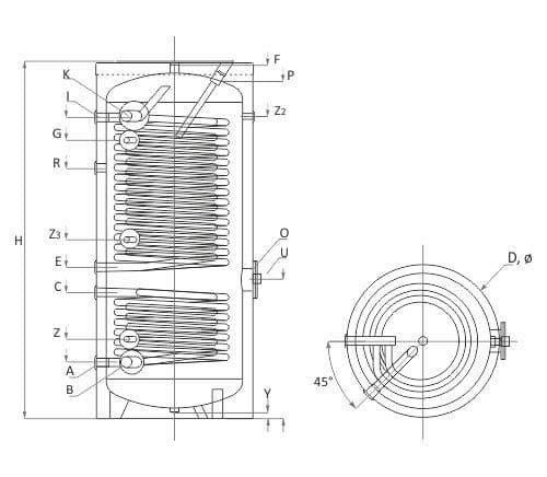 Technische Zeichnung ohne Abmaße - ThermoFlux Wärmepumpenspeicher SWP2N 400 | mit 2 Wärmetauscher | Klimaworld.com