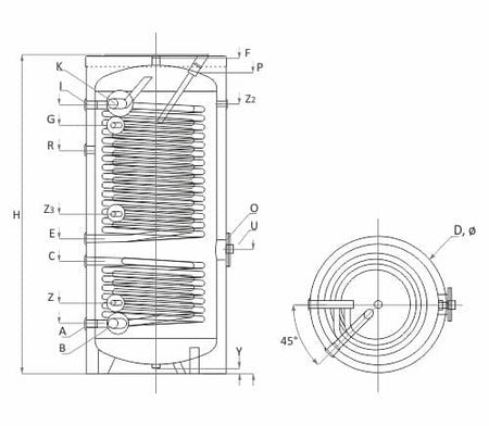Technische Zeichnung ohne Abmaße - ThermoFlux Wärmepumpenspeicher SWP2N 400 | mit 2 Wärmetauscher | Klimaworld.com