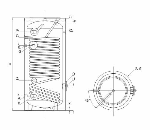 Technische Zeichnung ohne Abmaße - ThermoFlux Wärmepumpenspeicher SWPN 200 | mit einem Wärmetauscher