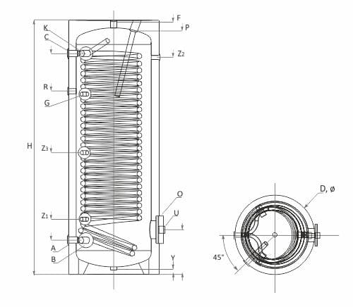 Technische Zeichnung ohne Abmaße - ThermoFlux Wärmepumpenspeicher SWP NL 400 | mit großem Wärmetauscher | Klimaworld.com