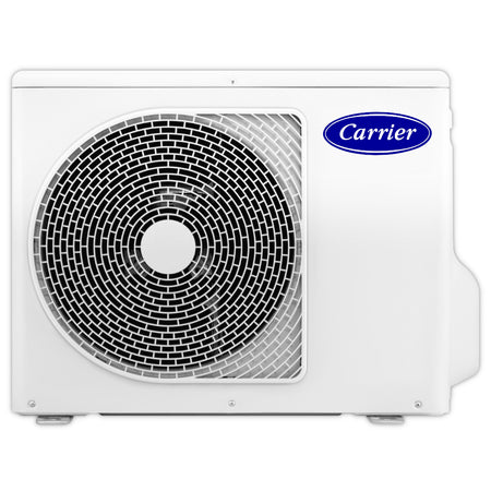 Weisses Aussengeraet von Carrier mit Ventilator, Gitterfront und robustem Gehaeuse | Klimaworld.com