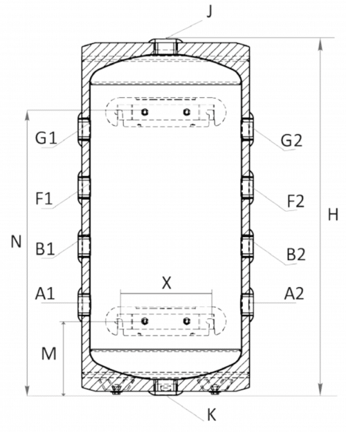 Technische Zeichnung ohne Abmaße - ThermoFlux Wärmepumpenspeicher WPPS 80 | ohne Wärmetauscher