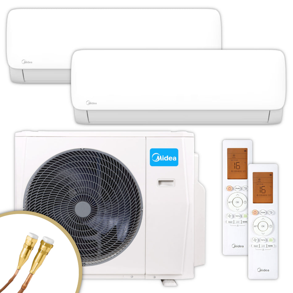 Midea Multisplit Klimaanlage Set Xtreme Save Lite, bestehend aus 2 weissen Innengeraeten, weissem Aussengeraet, Quick-Connect Anschluesse, 2 Fernbedienungen | Klimaworld.com