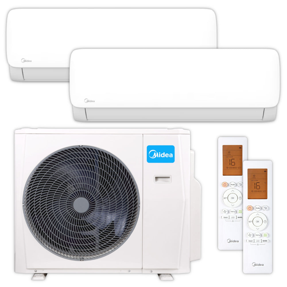 Midea Multisplit Klimaanlage Set Xtreme Save Lite, bestehend aus 2 weissen Innengeraeten, weissem Aussengeraet und 2 Fernbedienungen | Klimaworld.com