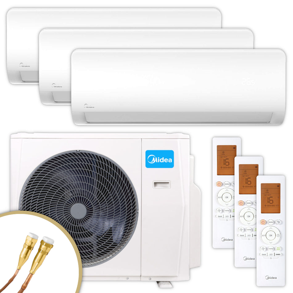 Midea Xtreme Save Pro Multisplit Set mit drei Innengeraeten, Aussengeraet, Quick-Connect Anschluessen, Fernbedienungen | Klimaworld.com