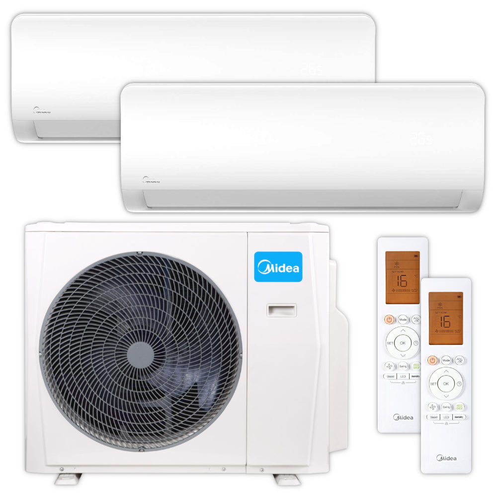 Weisses MIDEA Multisplit Klimaanlagen Set mit zwei Wandgeraeten und einem Aussengeraet sowie zwei Infrarotfernbedienungen mit Display Beispiel 16 °C | klimaworld.com