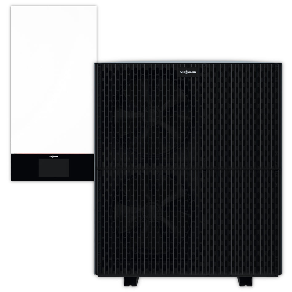 Viessmann Luft/Wasser-Wärmepumpen Set Vitocal 250-A Modular: Schwarzes Aussengeraet mit Gitterfront und sichtbaren Luefterkonturen neben weissem Innengeraet mit Displayleiste | Klimaworld.com
