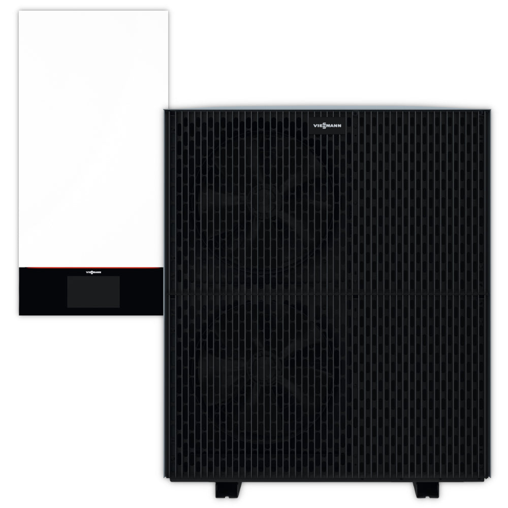 Viessmann Luft/Wasser-Wärmepumpen Set Vitocal 250-A: Schwarzes Aussengeraet mit Gitterfront und sichtbaren Luefterkonturen neben weissem Innengeraet mit Displayleiste | Klimaworld.com

