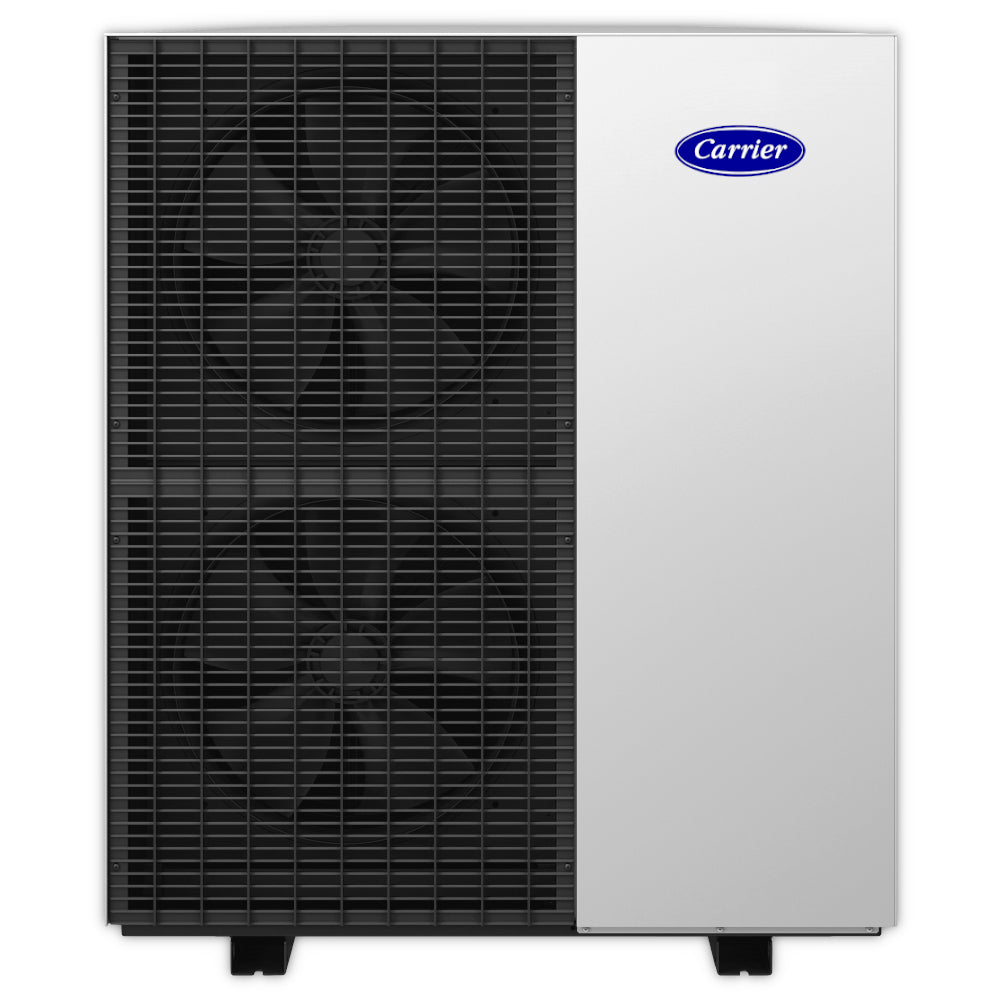 Schwarz-graue Ausseneinheit der Carrier AquaSnap AWH-NG, rechteckiges Gehaeuse mit sichtbarem Luefter | klimaworld.com