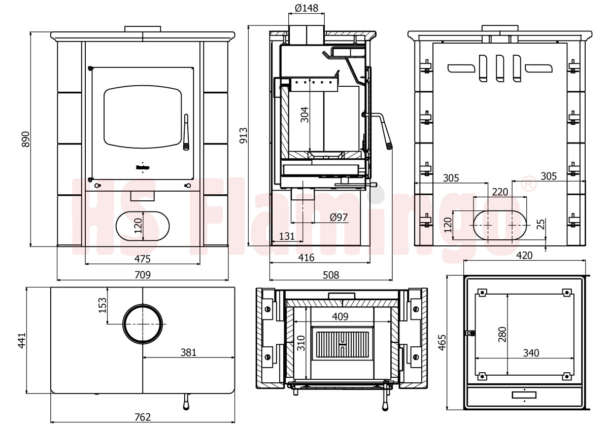 HS Flamingo Kaminofen Bali Maßzeichnung| klimaworld.com